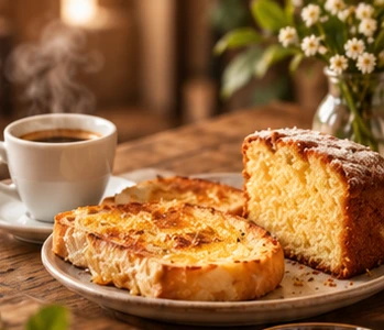 Café acompanhado de pão na chapa e bolo